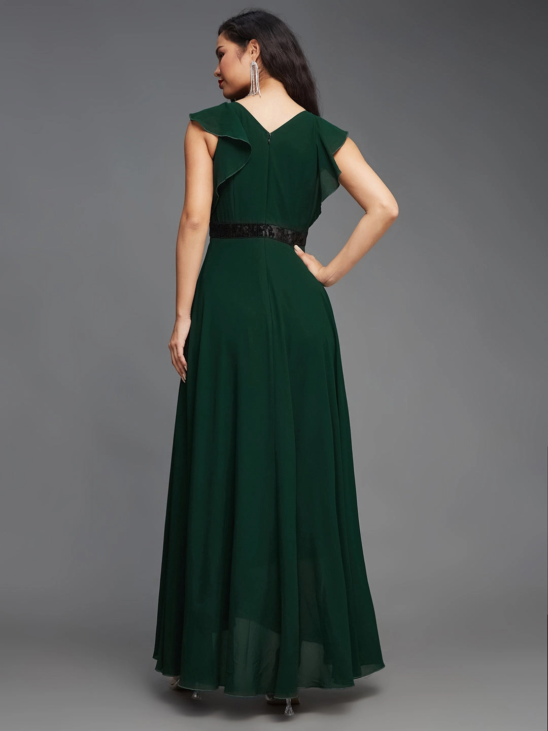 Women's Green V-Neck Ruffled Sleeve Sequined Party Maxi Dress Chic Waist