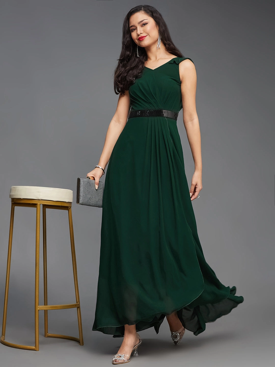 Ethically-Made Warm Undertone Women's Green V-Neck Ruffled Sleeve Sequined Party Maxi Dress