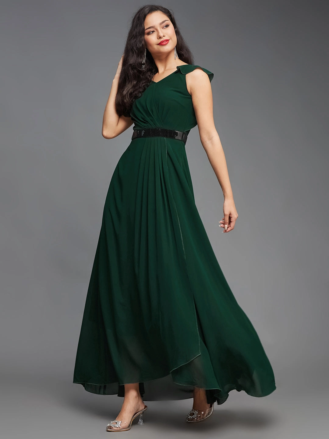 Women's Green V-Neck Ruffled Sleeve Sequined Party Maxi Dress Sharp Mood