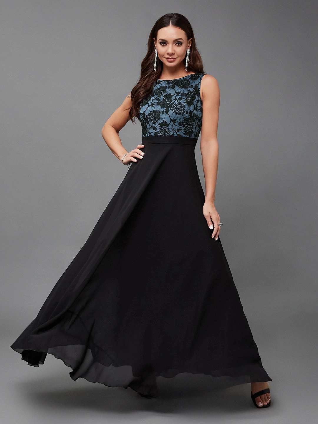 Women's Blue & Black Round Neck Sleeveless Georgette Floral Lace Fit & Flare Maxi Dress Chilly Comfort Wear