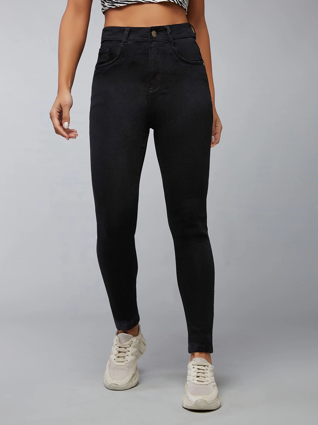 Women's Black Slim-Fit Embellished High-Rise Stretchable Denim Jeans Softened Texture Music Event Picnic Style