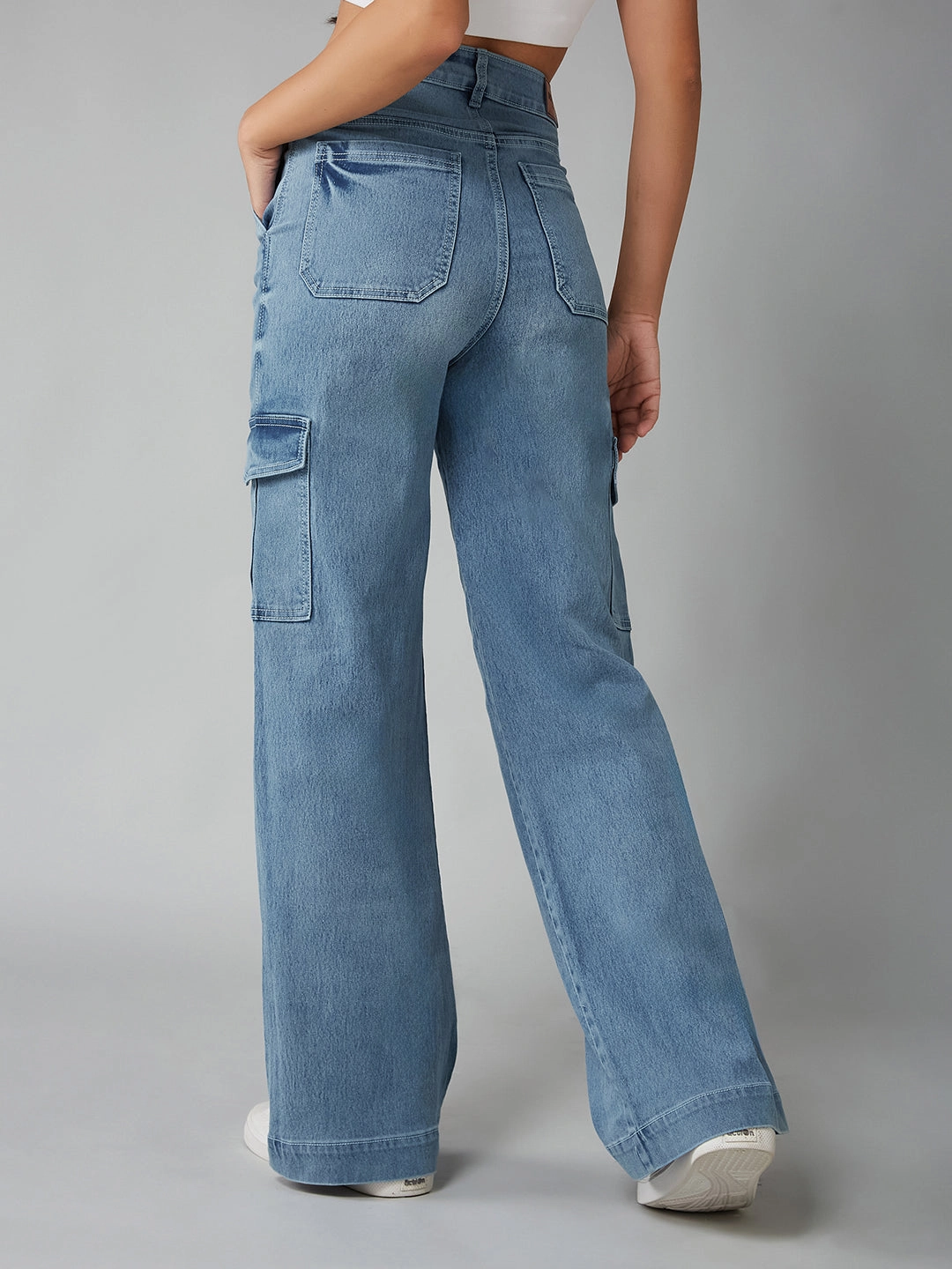 24/7 Comfort Light Blue Wide-Leg High-Rise Clean-Look Regular-Length Stretchable Flared Cargo Style Denim Jeans Rainy Day Everyday Street Appeal