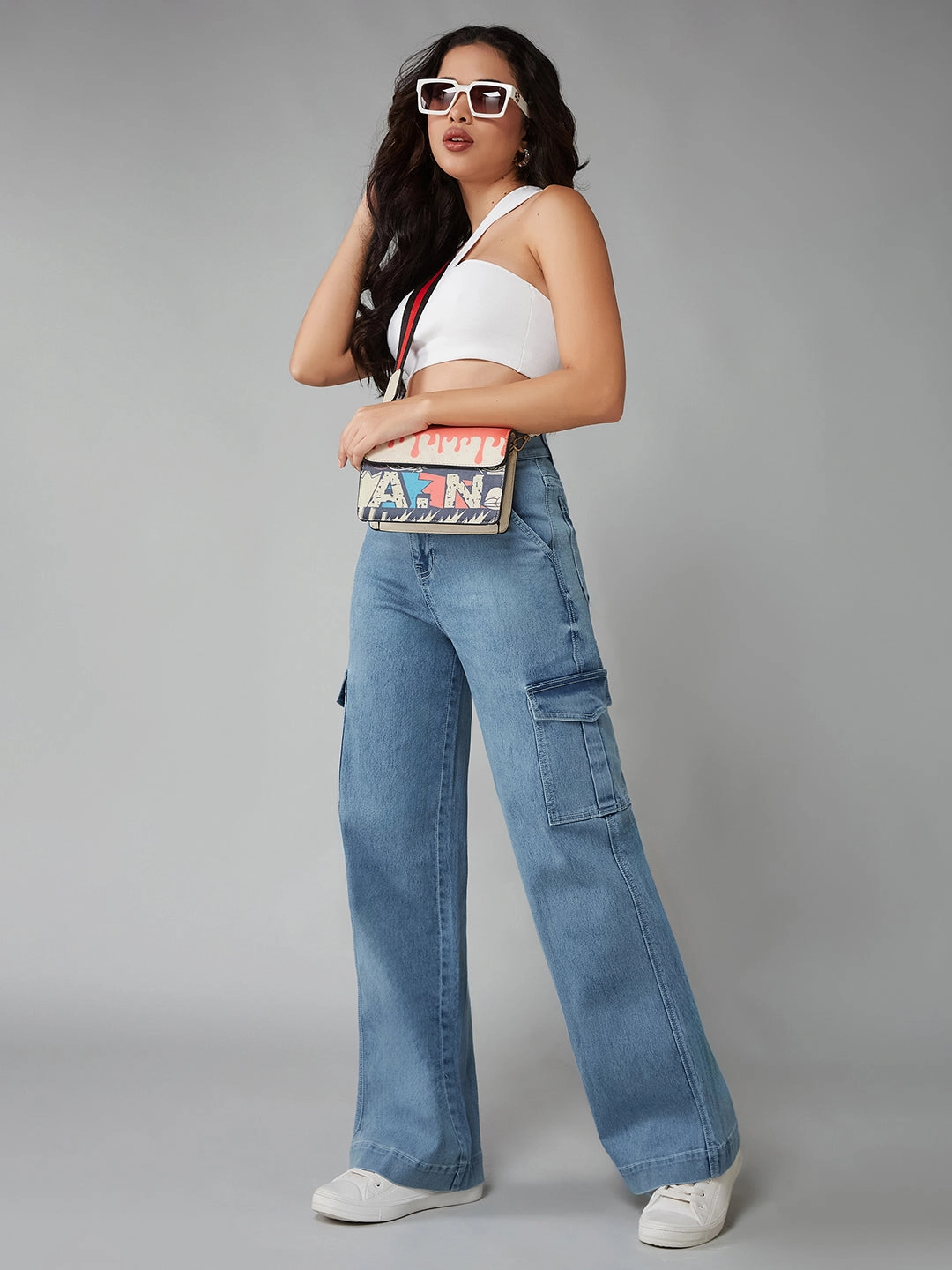 Versatile Wear 24/7 Comfort Light Blue Wide-Leg High-Rise Clean-Look Regular-Length Stretchable Flared Cargo Style Denim Jeans