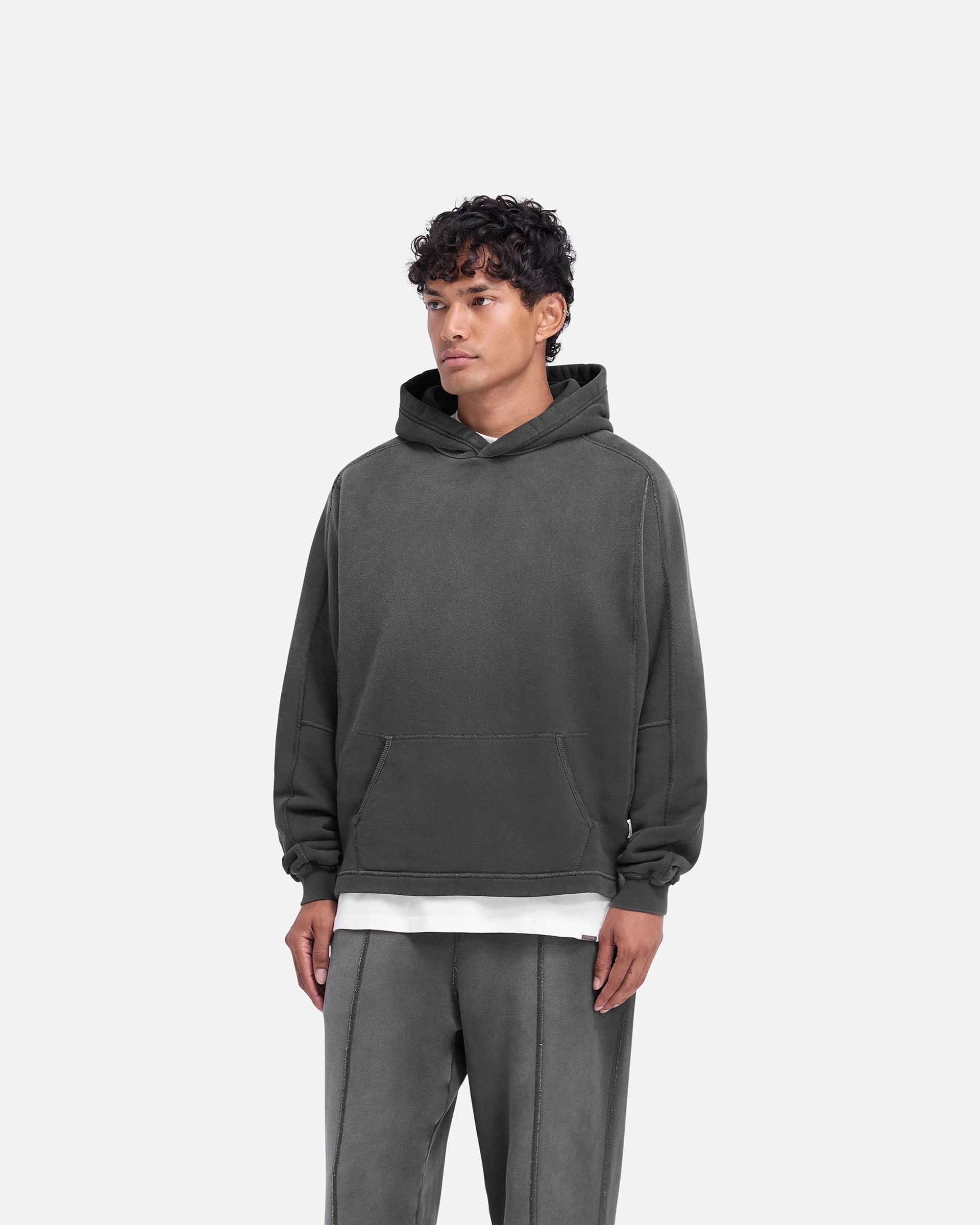 Reinforced Elbows Stepped Hem Hoodie - Stained Black