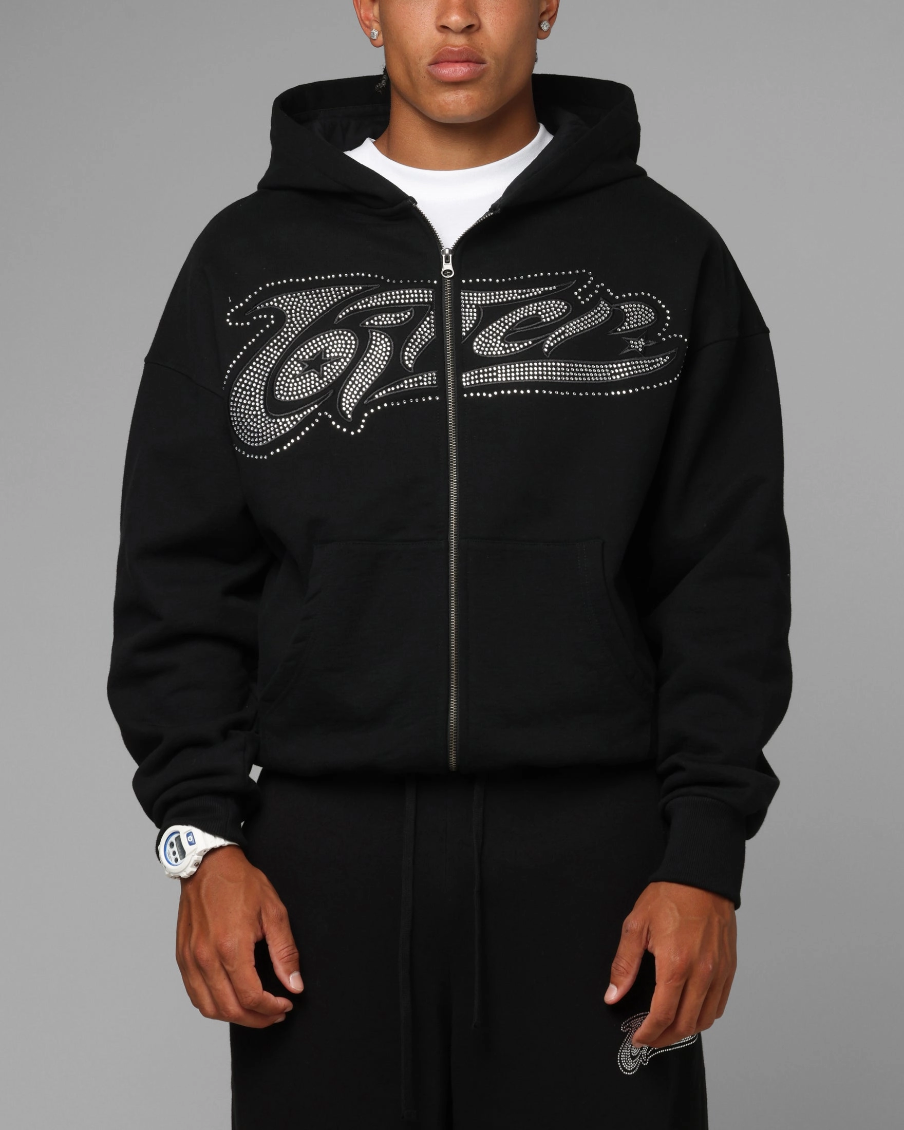 FlexibleMobility YarnDye Technique Loiter Weezy Rhinestone Zip Hoodie Black