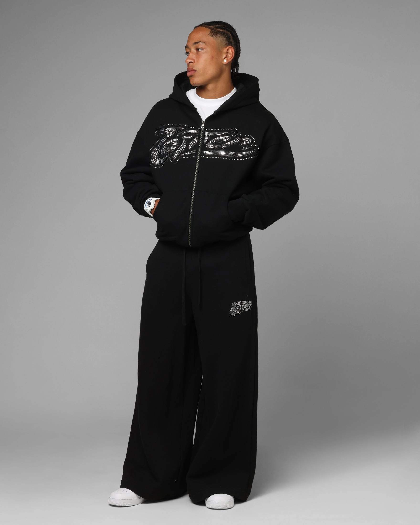 EthicallySourced Loiter Weezy Rhinestone Zip Hoodie Black