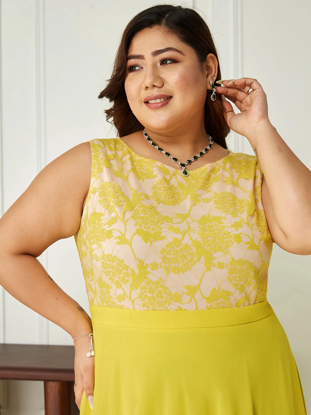 Organic-Fabric Body Bliss Light Yellow Georgette Lace Floral Fit & Flare Maxi Dress