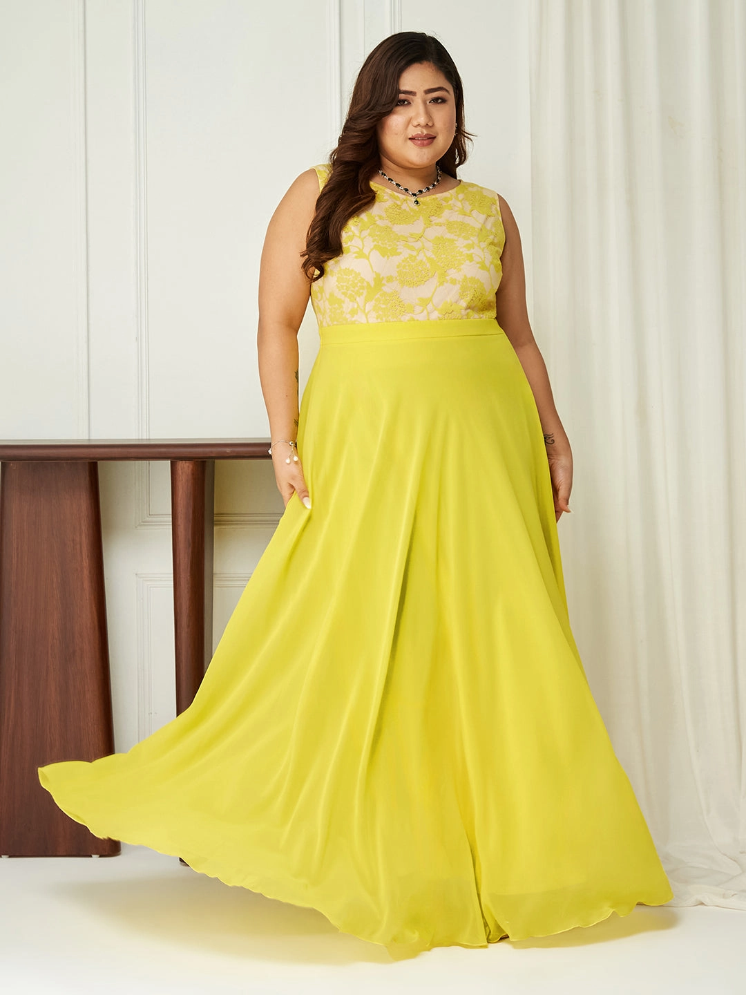 Body Bliss Light Yellow Georgette Lace Floral Fit & Flare Maxi Dress Daily Comfort