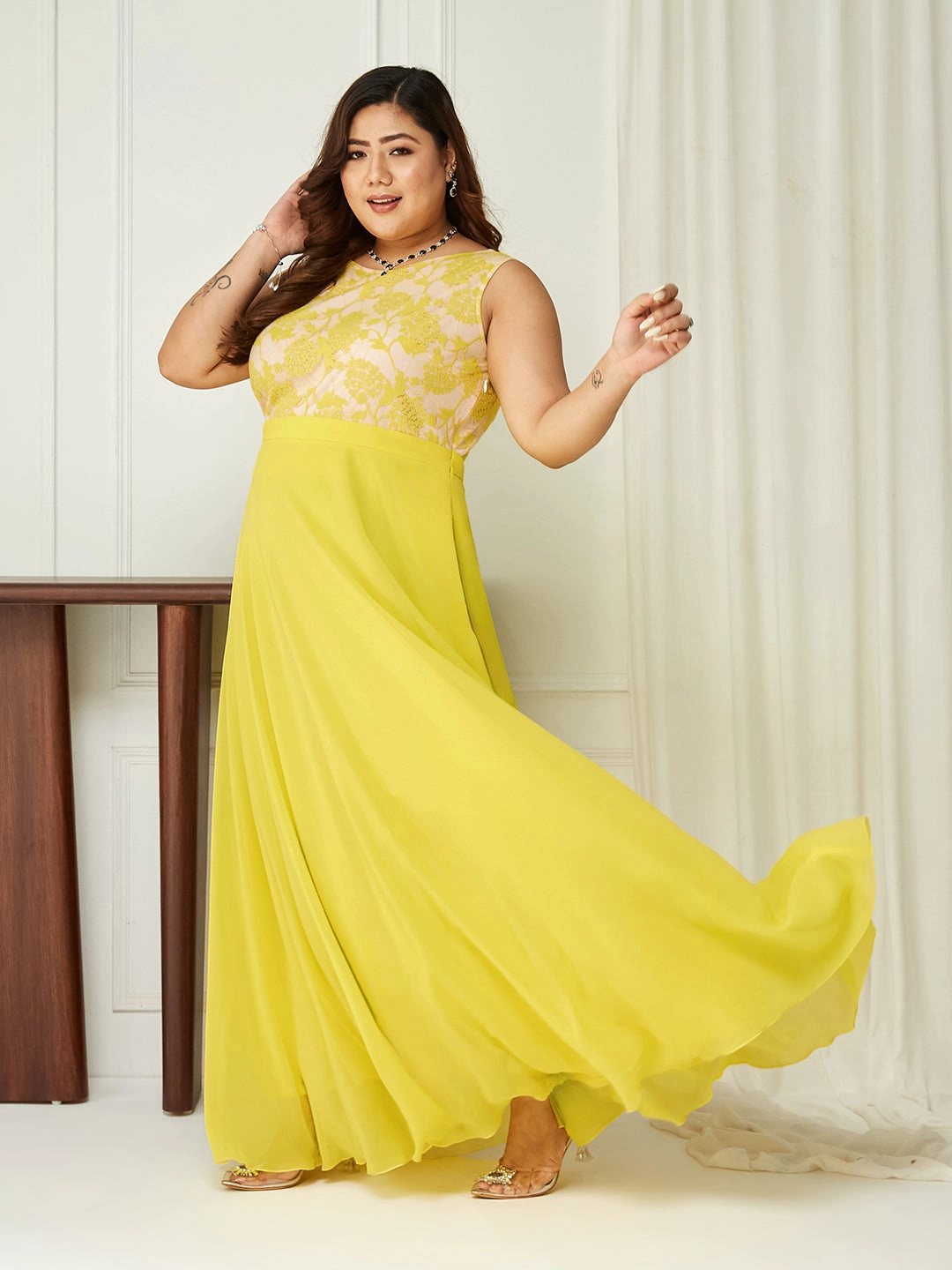Travel-Style Farm Air Body Bliss Light Yellow Georgette Lace Floral Fit & Flare Maxi Dress