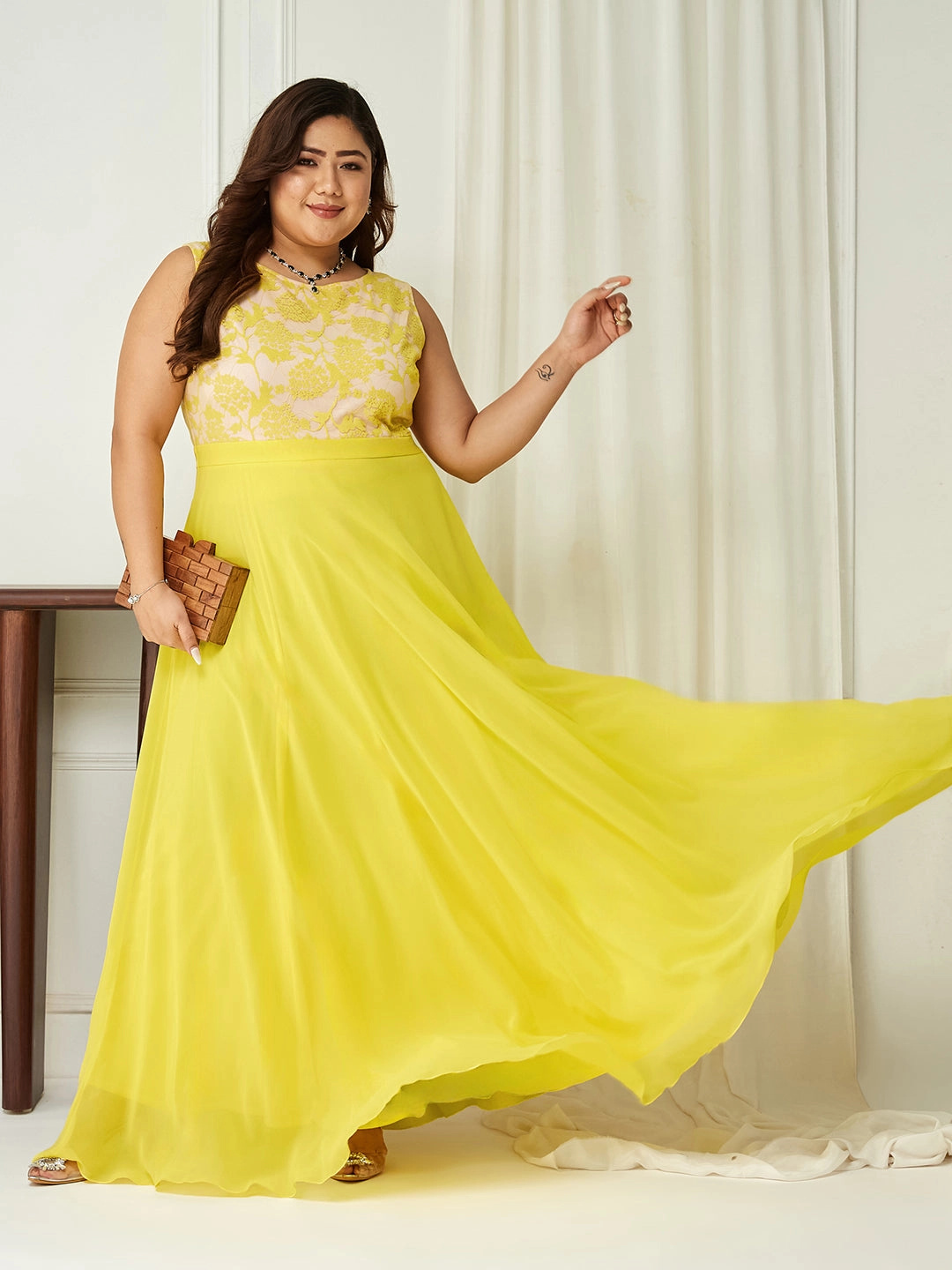 Body Bliss Light Yellow Georgette Lace Floral Fit & Flare Maxi Dress Belted-Style