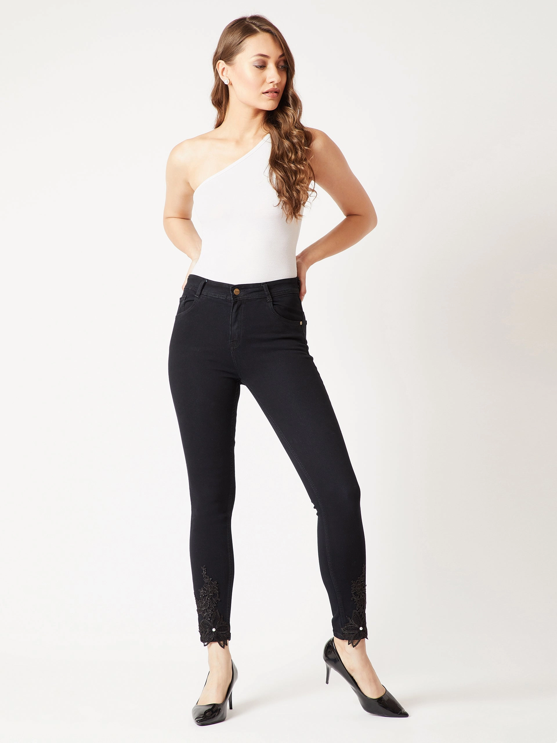 Stylish Adult Fashion 24/7 Comfort Black Slim-Fit Mid-Rise Cropped Embellished Stretchable Denim Jeans