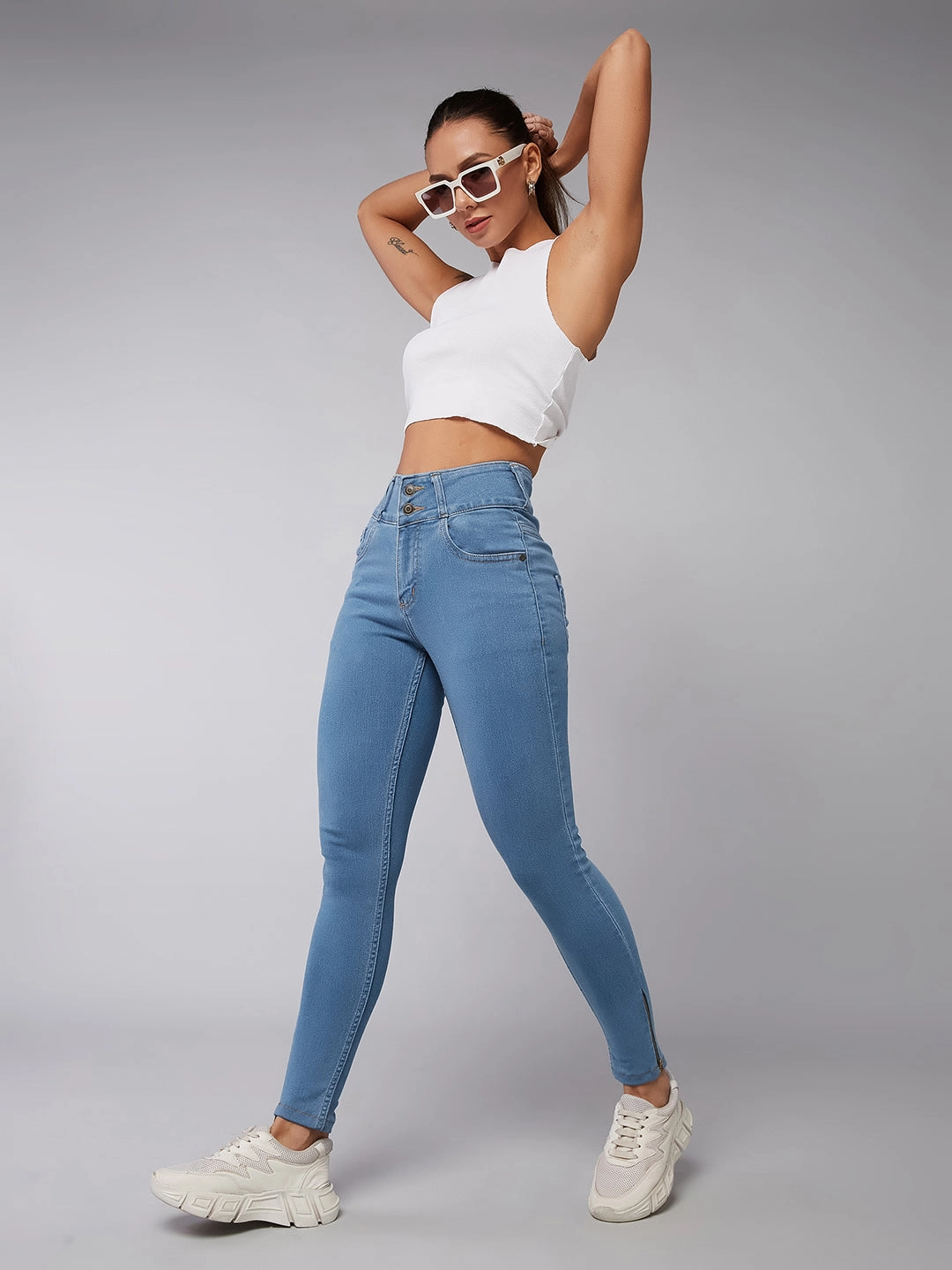 24/7 Comfort Blue Skinny High-Rise Broad Waist Band Zipper Detailing Denim Jeans Casual Friday Picnic Style Nature Lover Timeless Design