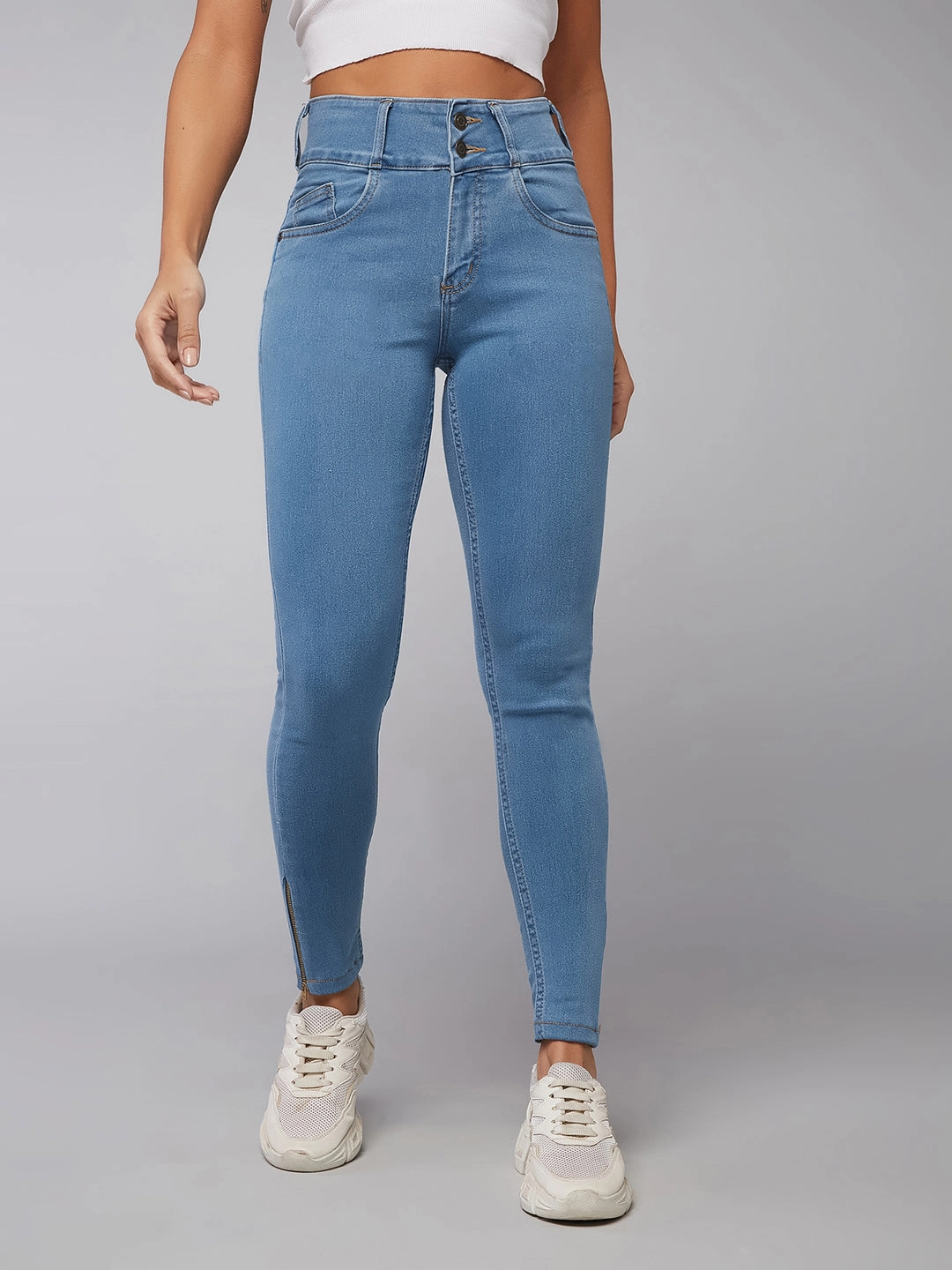 24/7 Comfort Blue Skinny High-Rise Broad Waist Band Zipper Detailing Denim Jeans Minimalist Elegant Low Maintenance Fabric