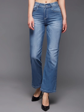 24/7 Comfort Light Blue Wide-Leg Mid-Rise Light Weight Denim Jeans Stylish Waistband Stretch Fit Denim