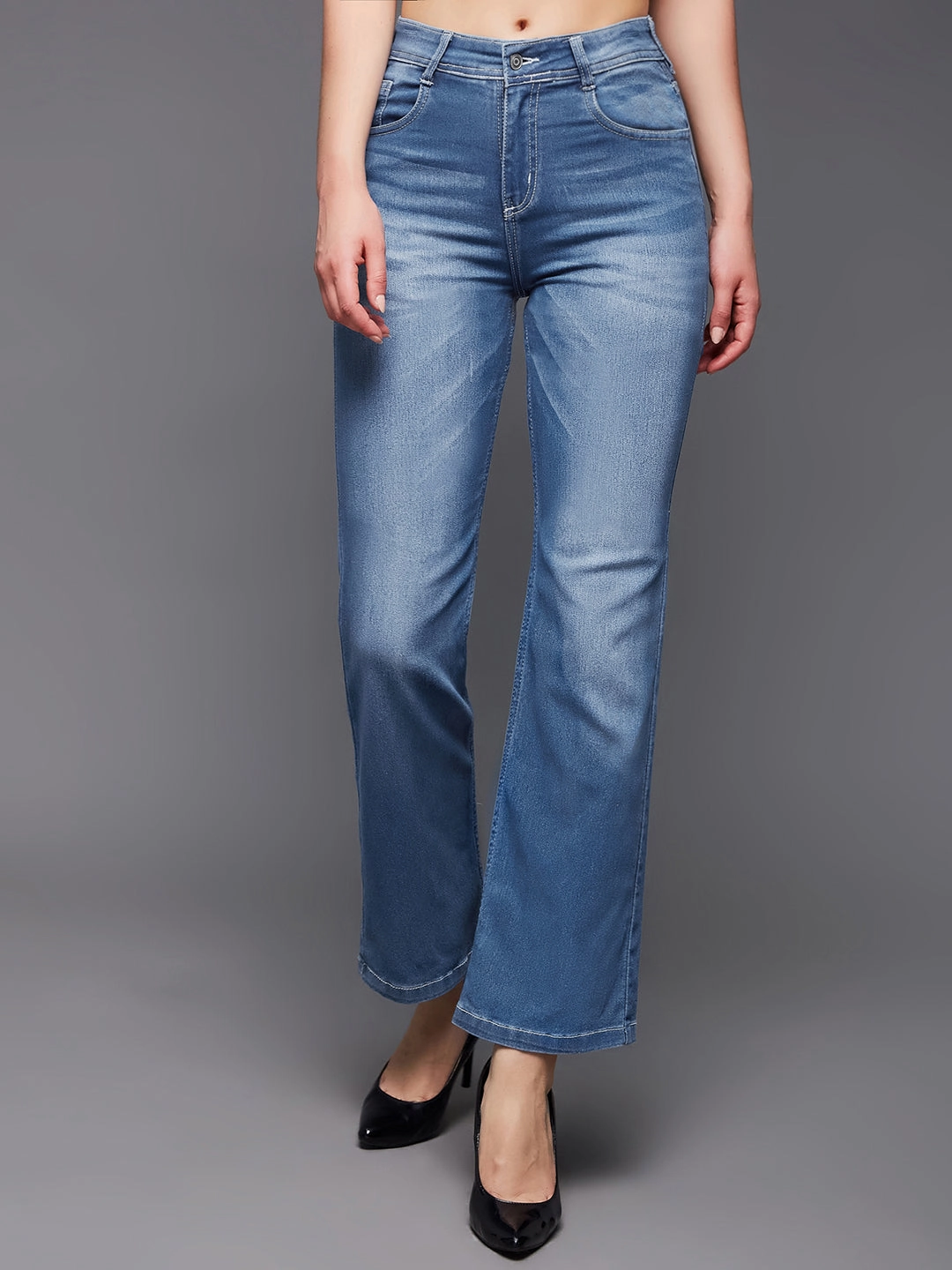 24/7 Comfort Light Blue Wide-Leg Mid-Rise Light Weight Denim Jeans Stylish Waistband Stretch Fit Denim