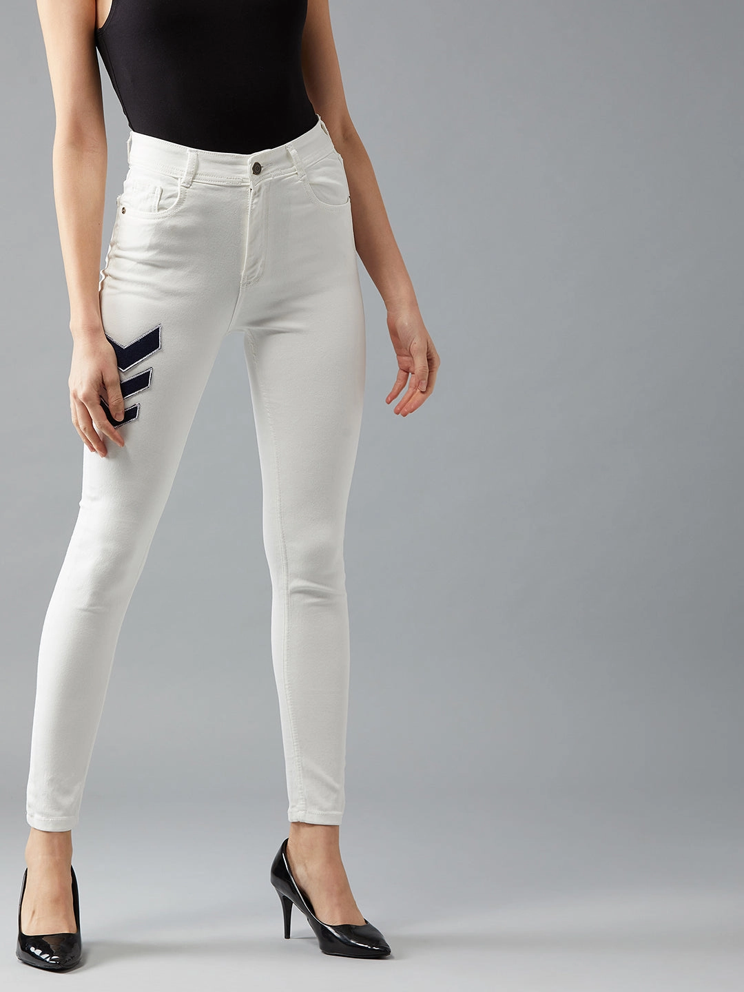 Relaxed Style Lightweight Durable Always Stylish Women's White Skinny-Fit High-Rise Patchwork Detailing Stretchable Denim Jeans