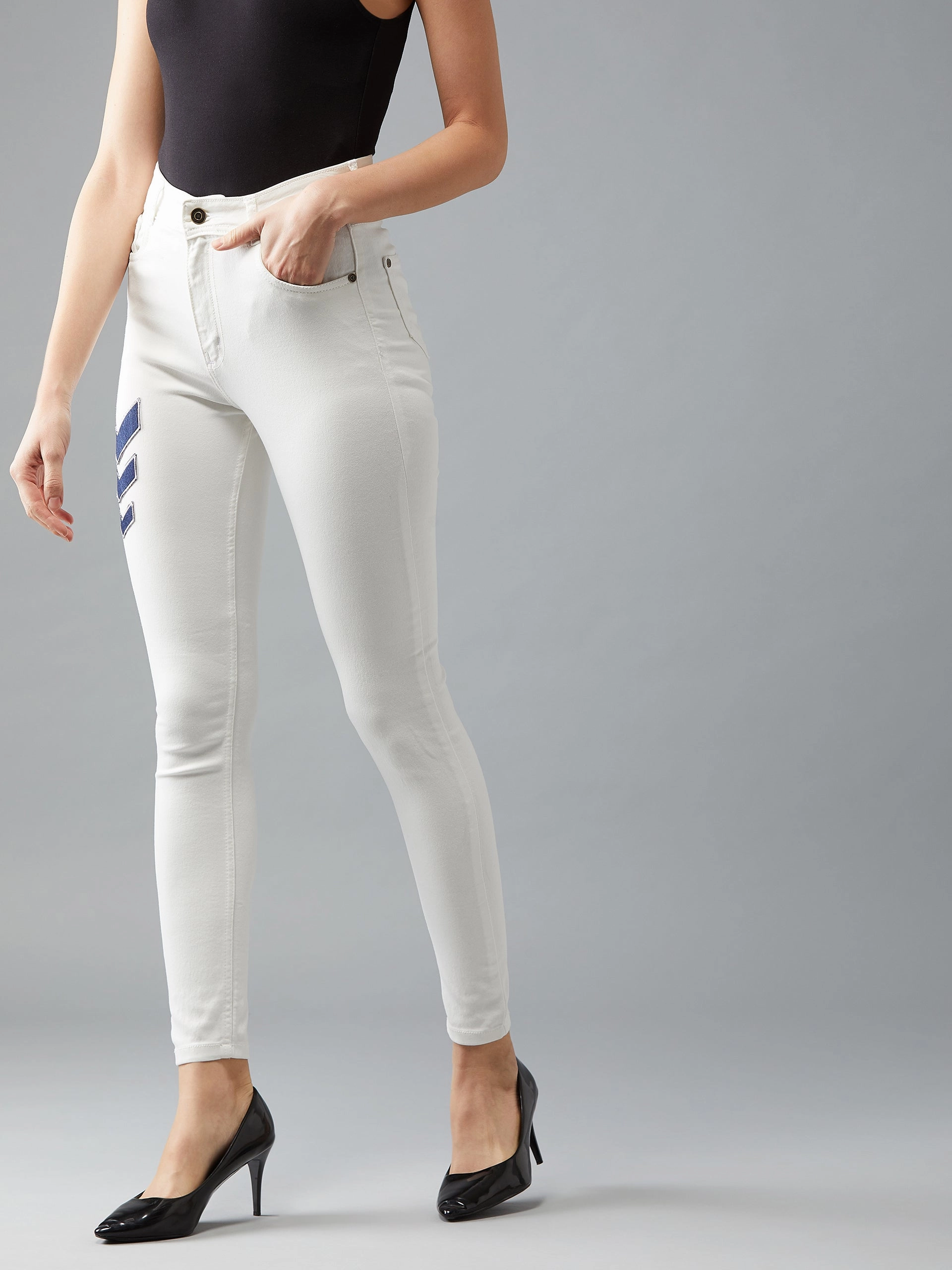 Body Friendly All Purpose Women's White Skinny-Fit High-Rise Patchwork Detailing Stretchable Denim Jeans