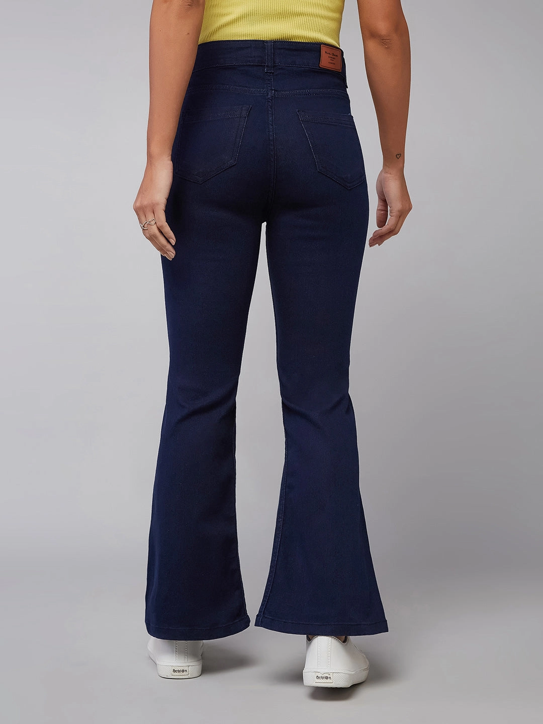 24/7 Comfort Navy-Blue Bell-Bottom Bootcut Hourglass High-Rise Stretchable Denim Jeans Perfect Length Design Selvedge Detailing