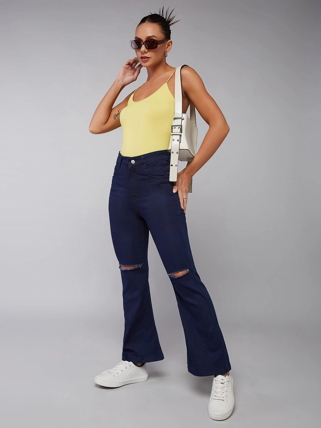 Flexible Waist Beach Day Brunch Outfit Elegant 24/7 Comfort Navy-Blue Bell-Bottom Bootcut Hourglass High-Rise Stretchable Denim Jeans