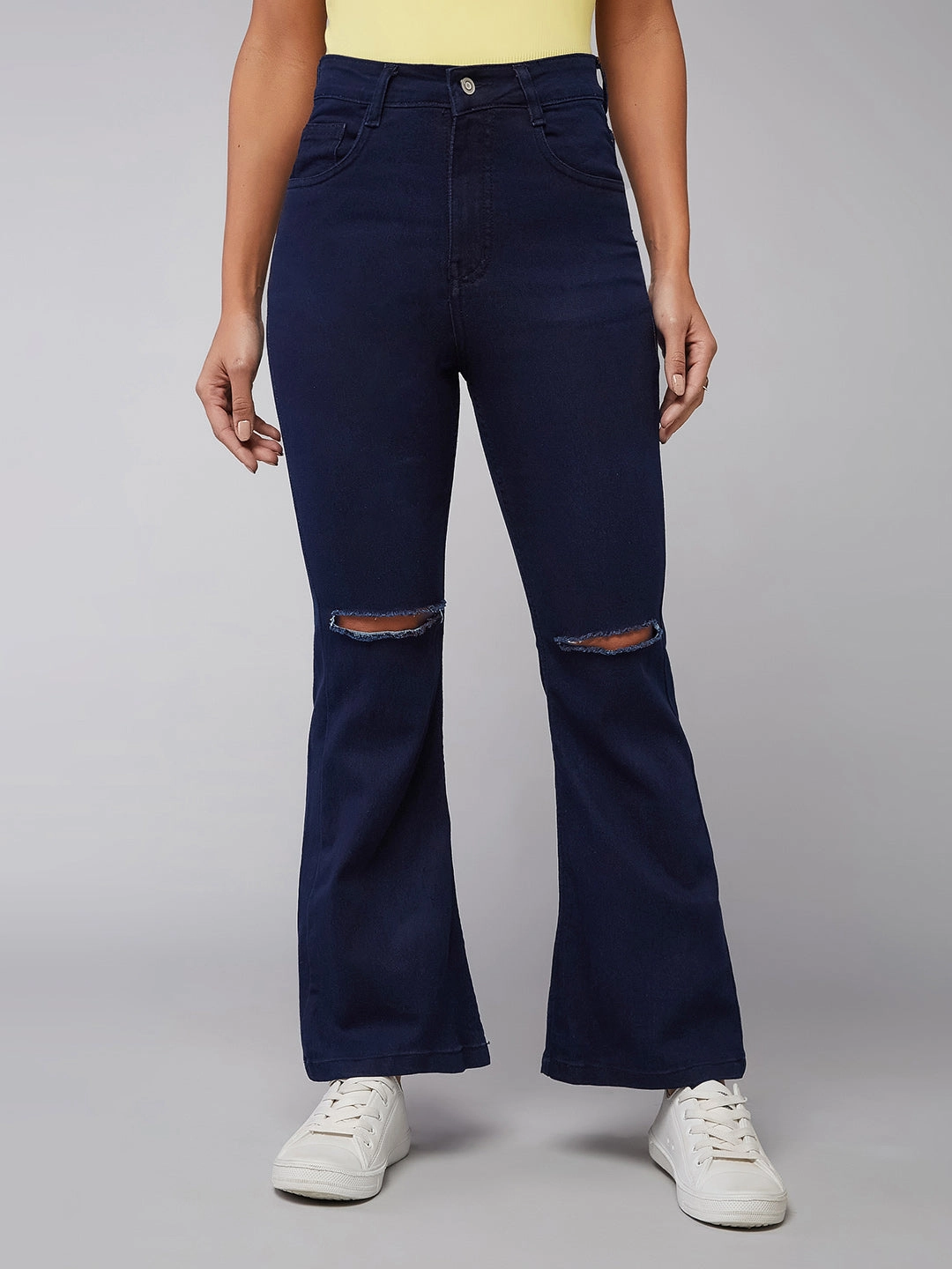 24/7 Comfort Navy-Blue Bell-Bottom Bootcut Hourglass High-Rise Stretchable Denim Jeans Shopping Day Street Fashion Textured Lightweight Earthy Nature Lover