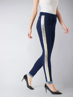 No Fade Look Women's Navy-Blue Skinny Mid-Rise Clean-Look Glitter Denim Jeans Pant