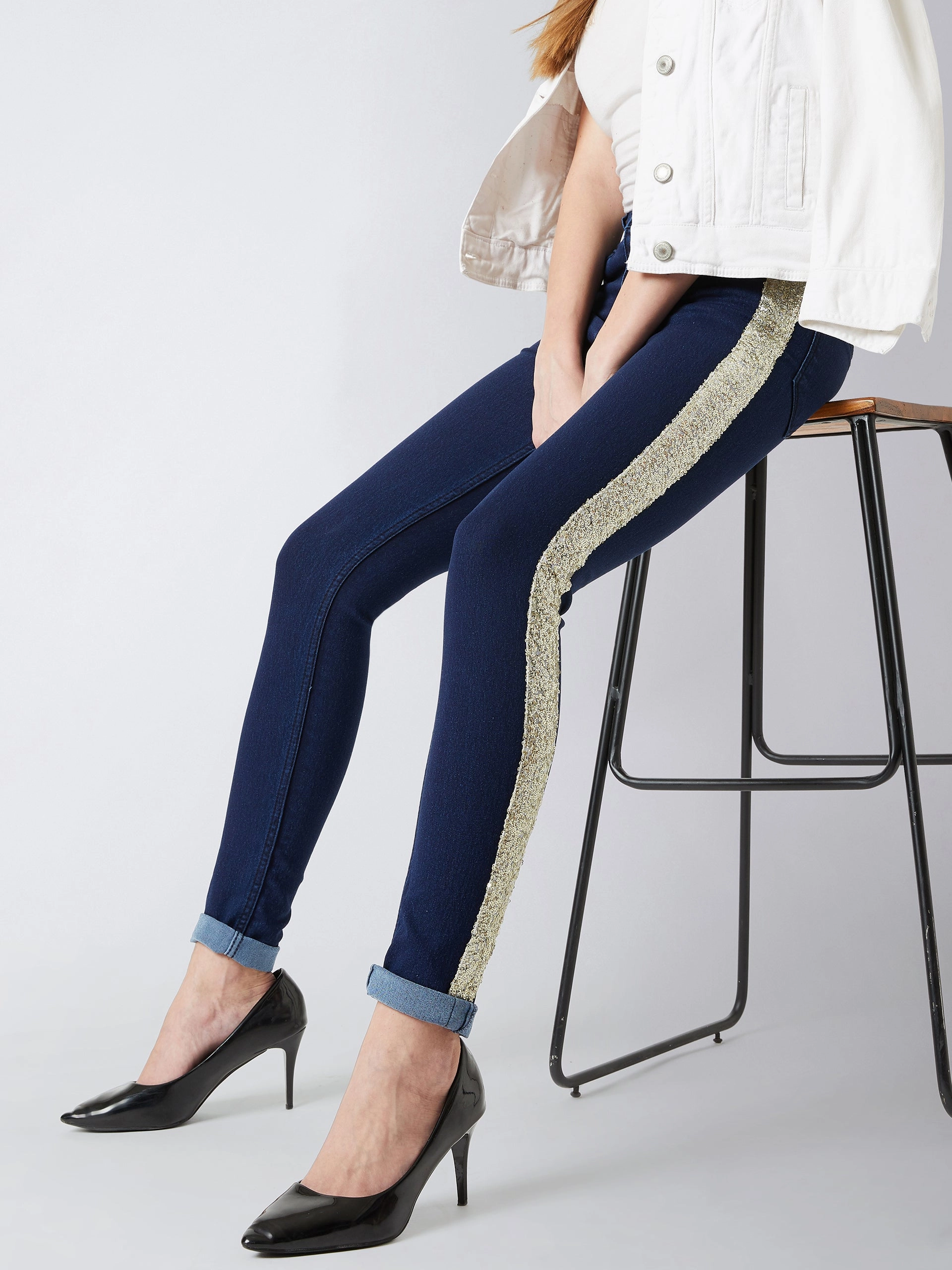 Women's Navy-Blue Skinny Mid-Rise Clean-Look Glitter Denim Jeans Pant Function Fit