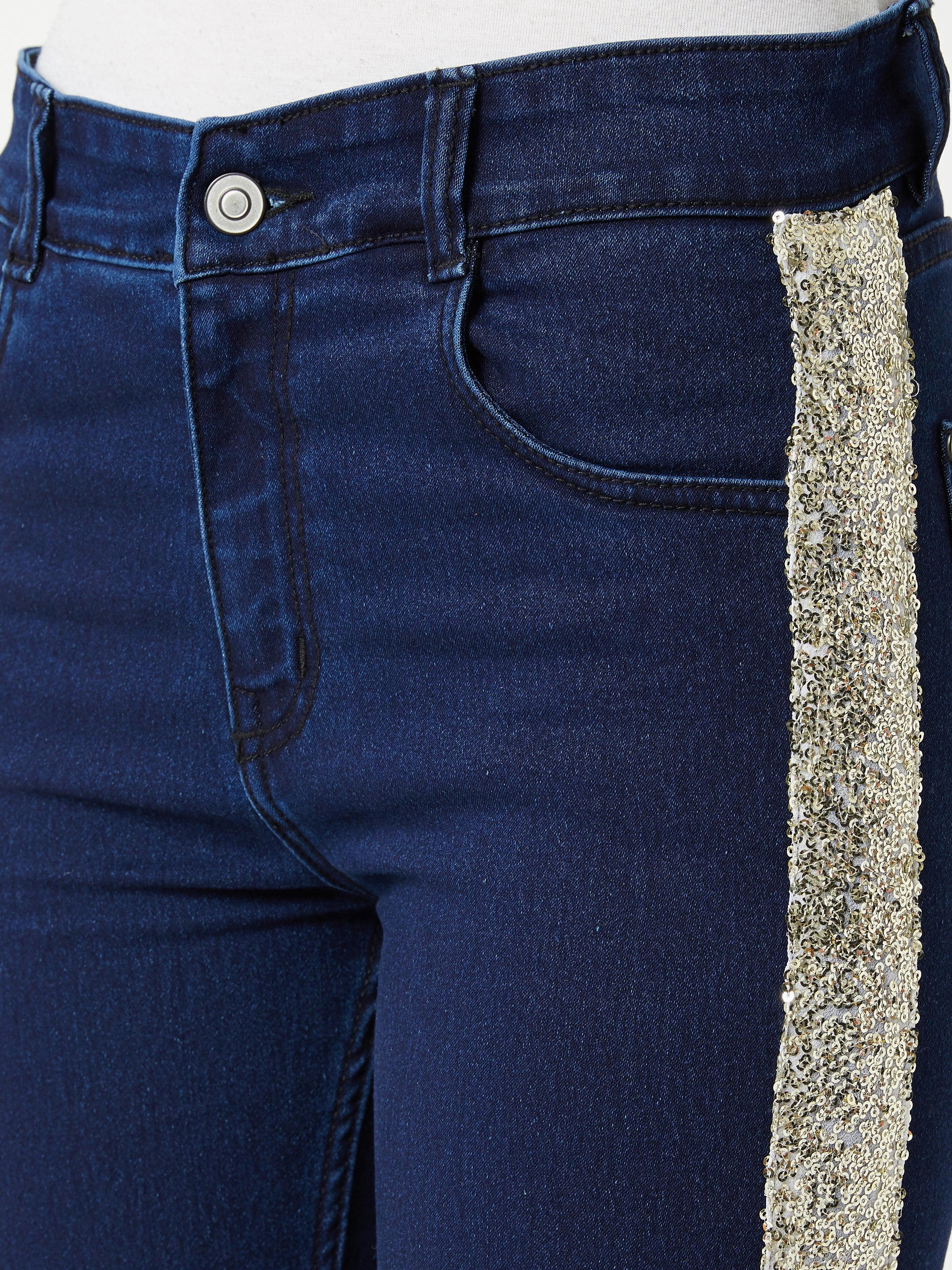 Everyday Fashion Women's Navy-Blue Skinny Mid-Rise Clean-Look Glitter Denim Jeans Pant