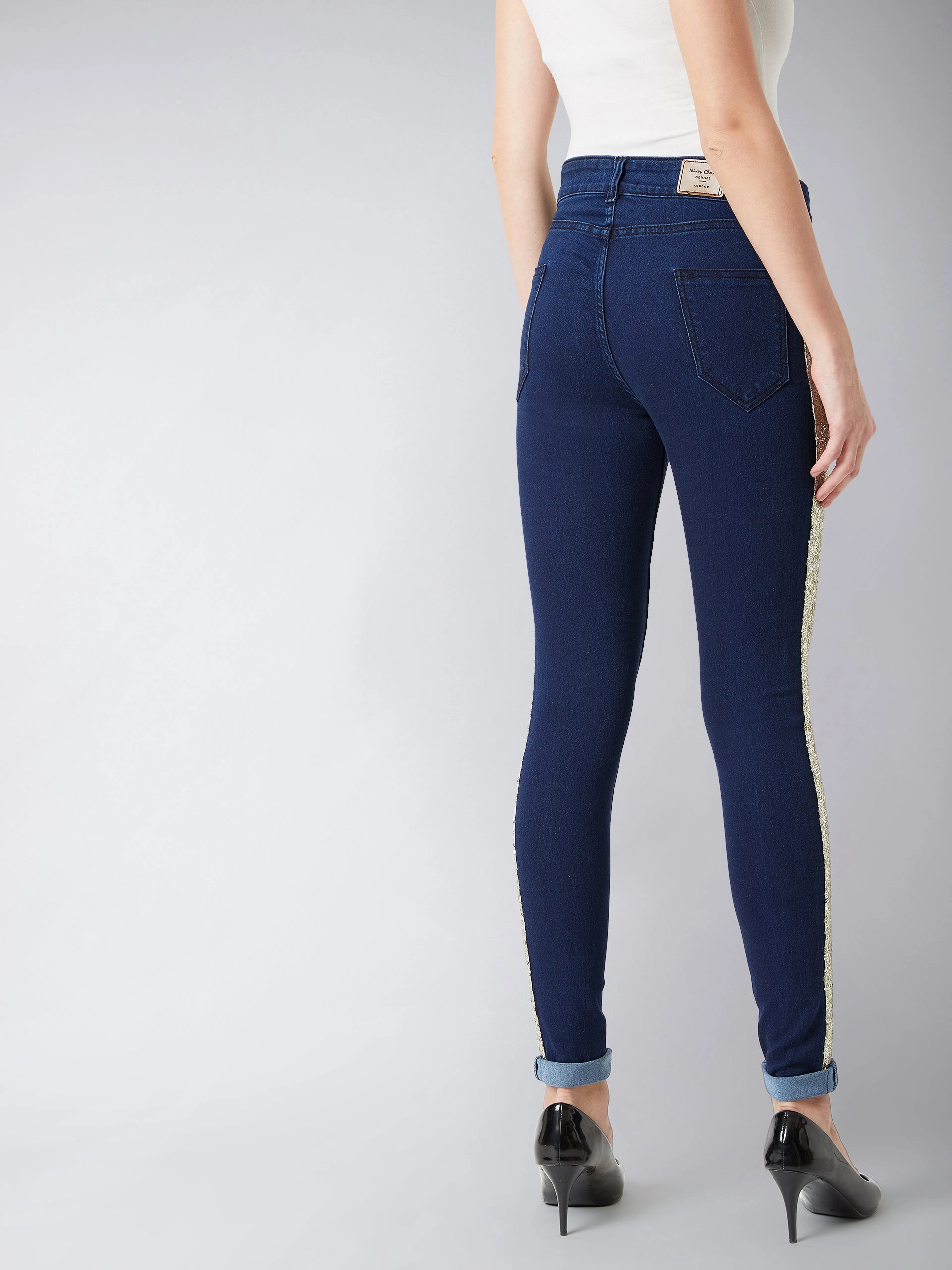 Sustainable Evening Stroll Casual Women's Navy-Blue Skinny Mid-Rise Clean-Look Glitter Denim Jeans Pant