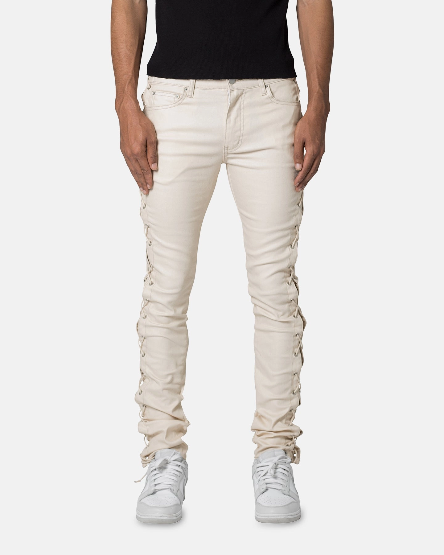 Casual Essentials Thermal Regulating MNML X566 Skinny Leather Lace-Up Pants Cream