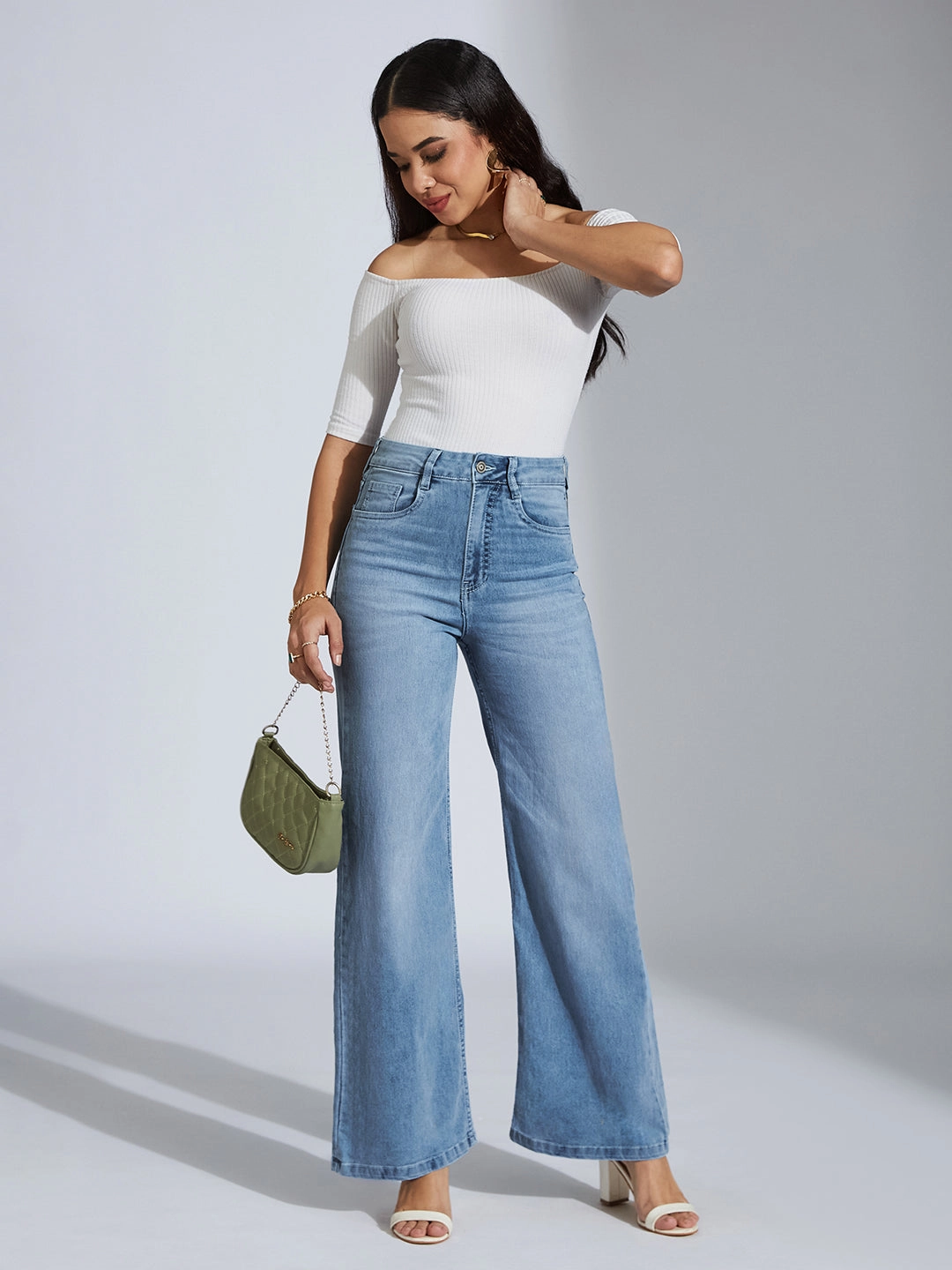 Anti Snag Thread Technology CHASEshape? Light-Blue Wide-Leg High-Rise Clean-Look Stretchable Denim Jeans