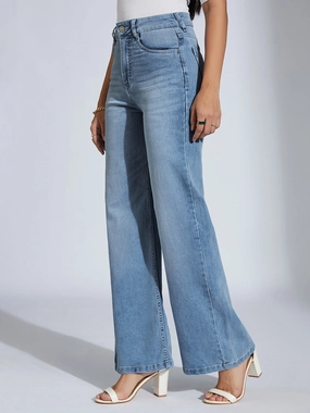 Year Round Comfortable Fit Design CHASEshape? Light-Blue Wide-Leg High-Rise Clean-Look Stretchable Denim Jeans