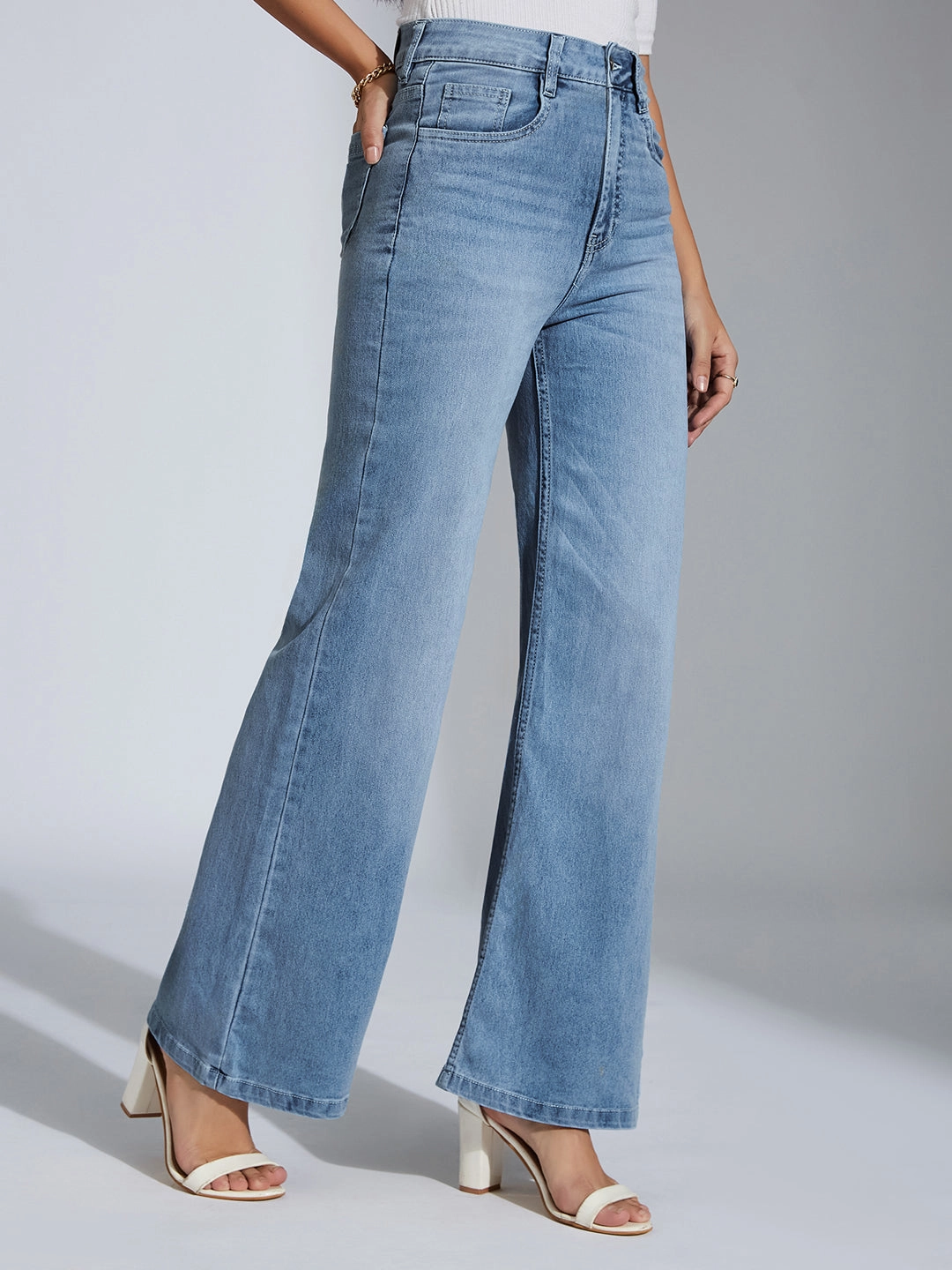 CHASEshape? Light-Blue Wide-Leg High-Rise Clean-Look Stretchable Denim Jeans Flexible Fit
