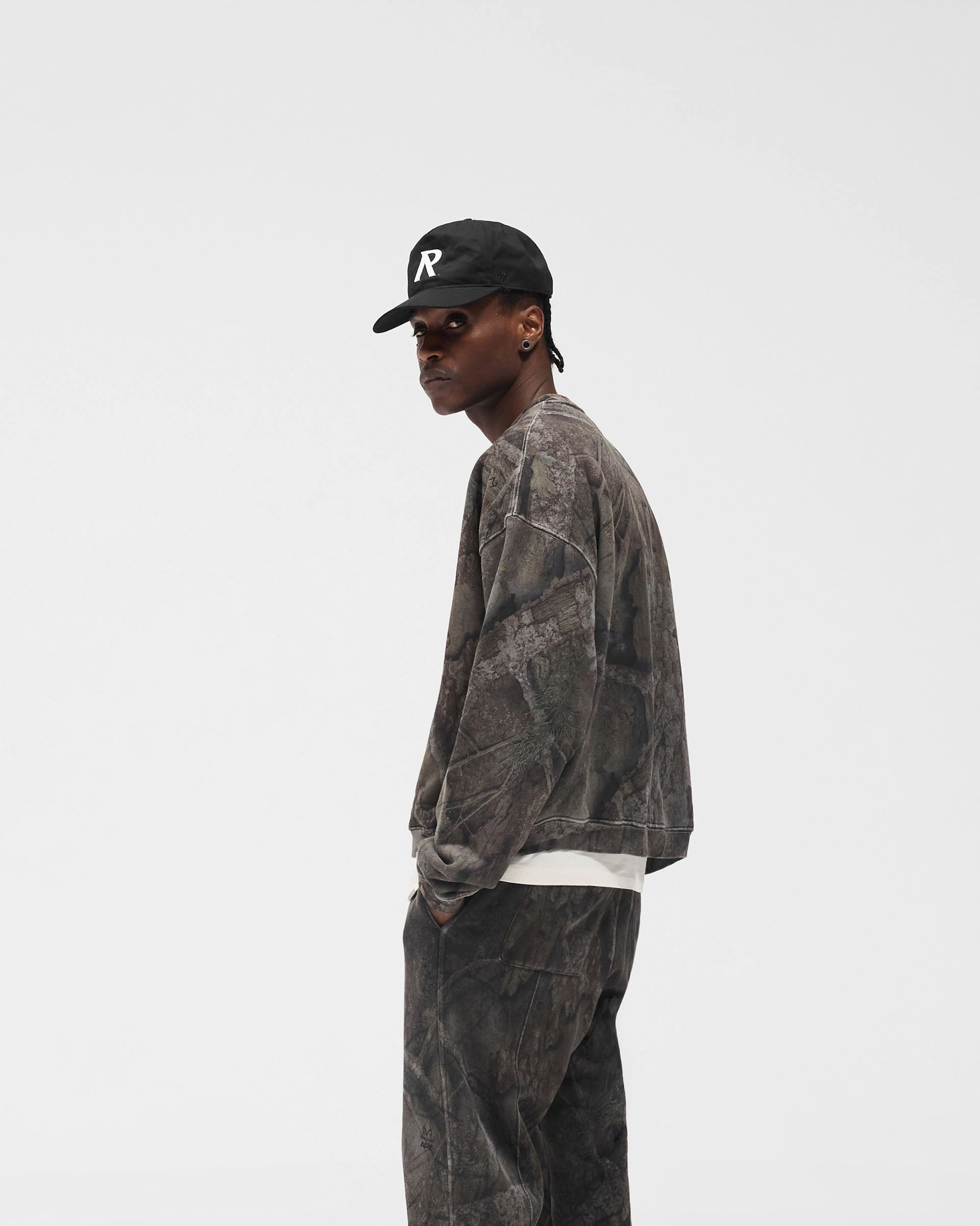 Initial Overdye Realtree? Boxy Sweater - Overdyed Black Crisp Texture Ribbed Trim