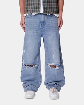 MNML Baggy Blowout Denim Jeans Vintage Blue Wash Durable Material