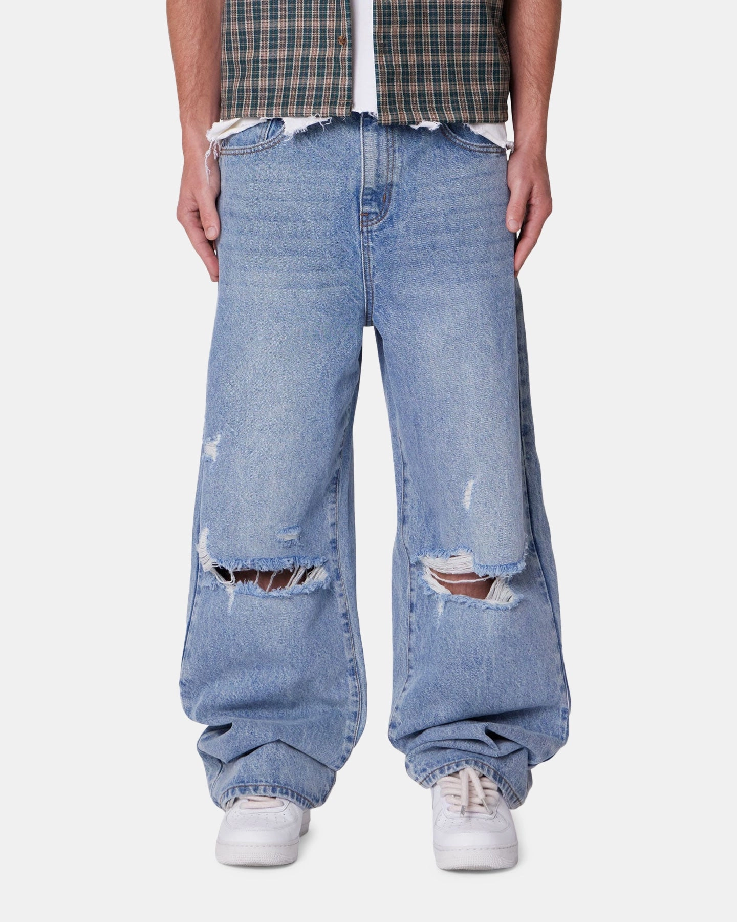 MNML Baggy Blowout Denim Jeans Vintage Blue Wash Durable Material