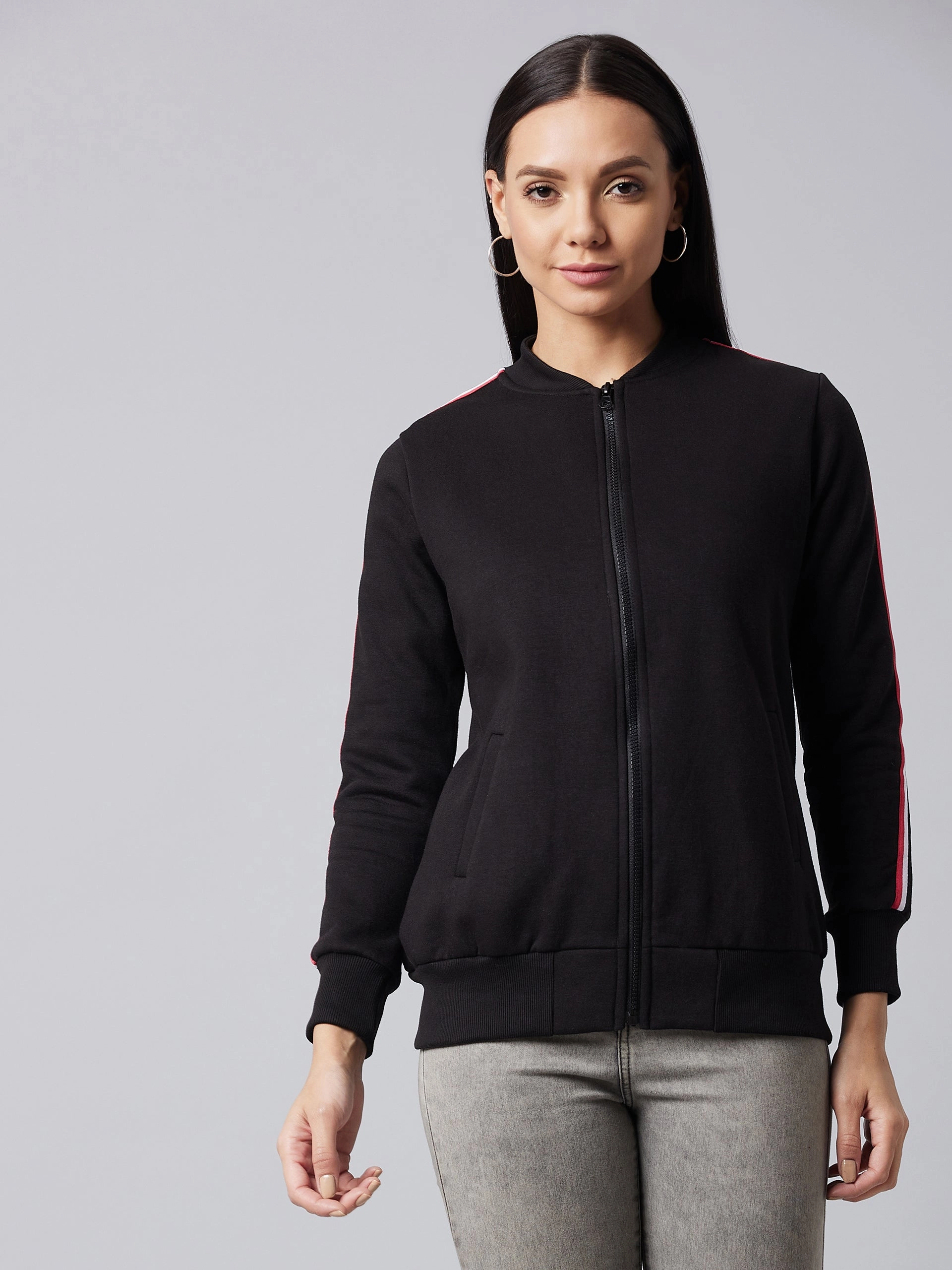 Adjustable Hem Lock System Women's Black V-Neck Full Sleeve Solid Bomber Regular Jacket