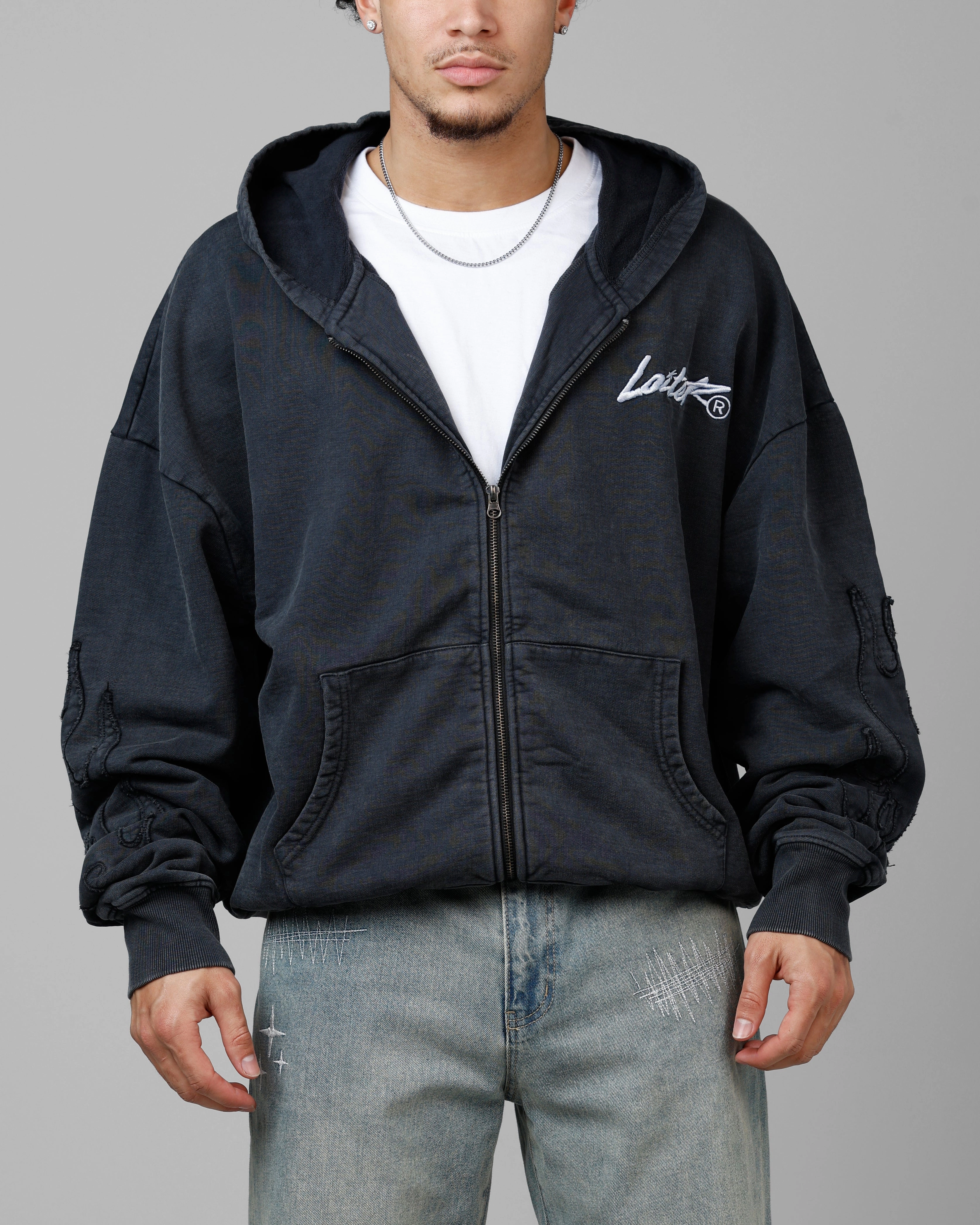 Hidden Storage Pocket Loiter Inferno Hoodie Washed Black