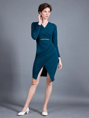 Women's Teal V-Neck Full Sleeve Solid Wrap-Styled Polyester Knee-Long Dress Breathable Layering Coastal Chic