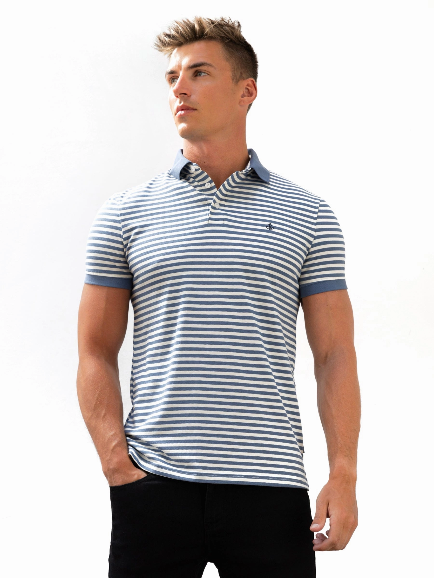 Contrast Stitch Flatlock stitching Stripe Polo Shirt - Blue