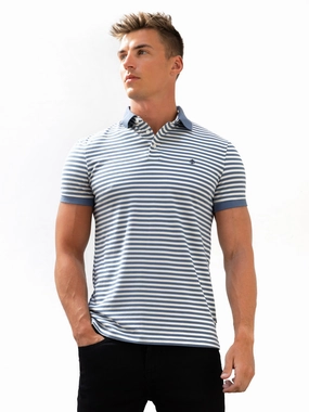 Contrast Stitch Flatlock stitching Stripe Polo Shirt - Blue