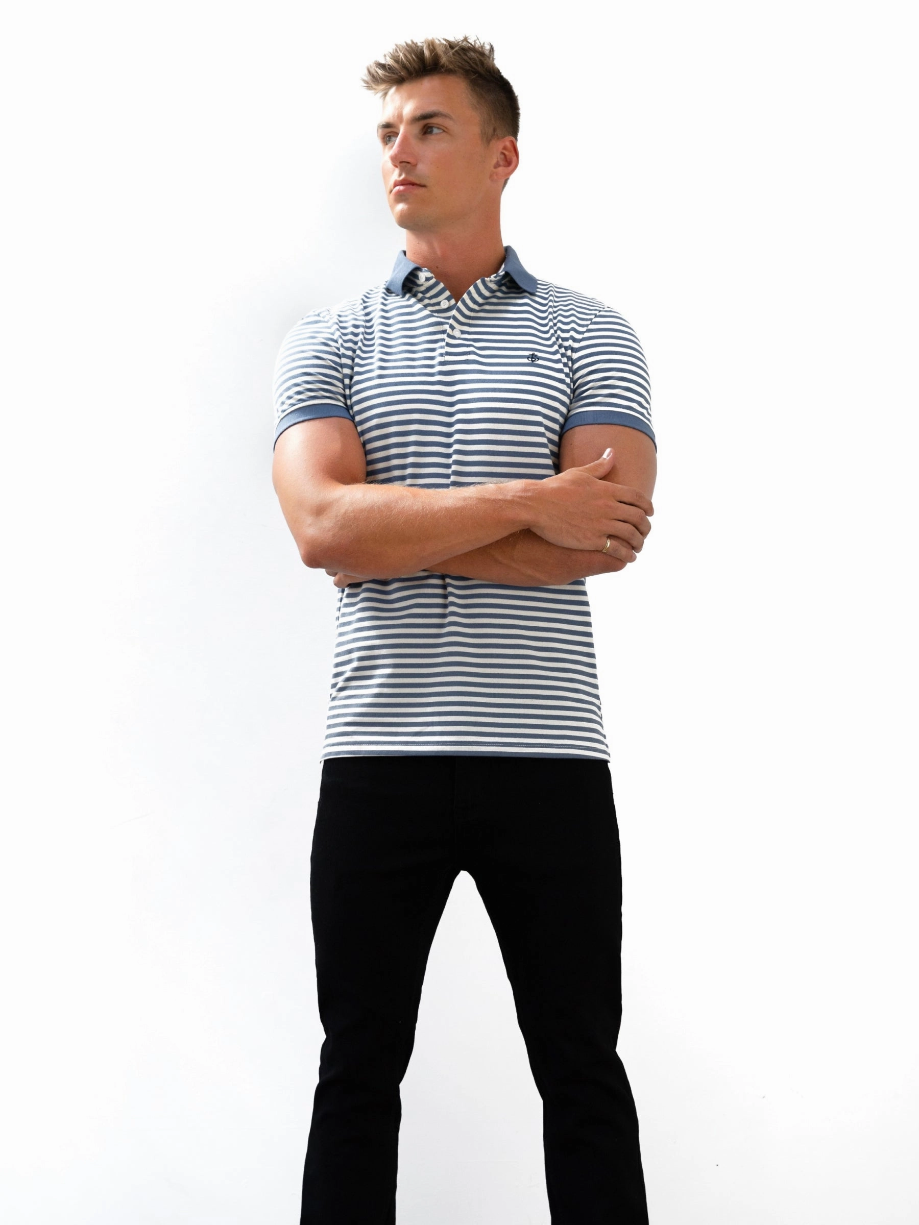 Waffle Weave Stripe Polo Shirt - Blue