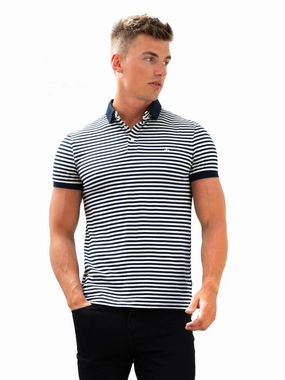 Stripe Polo Shirt - Navy Adjustable Cuffs Moisture Management Tech