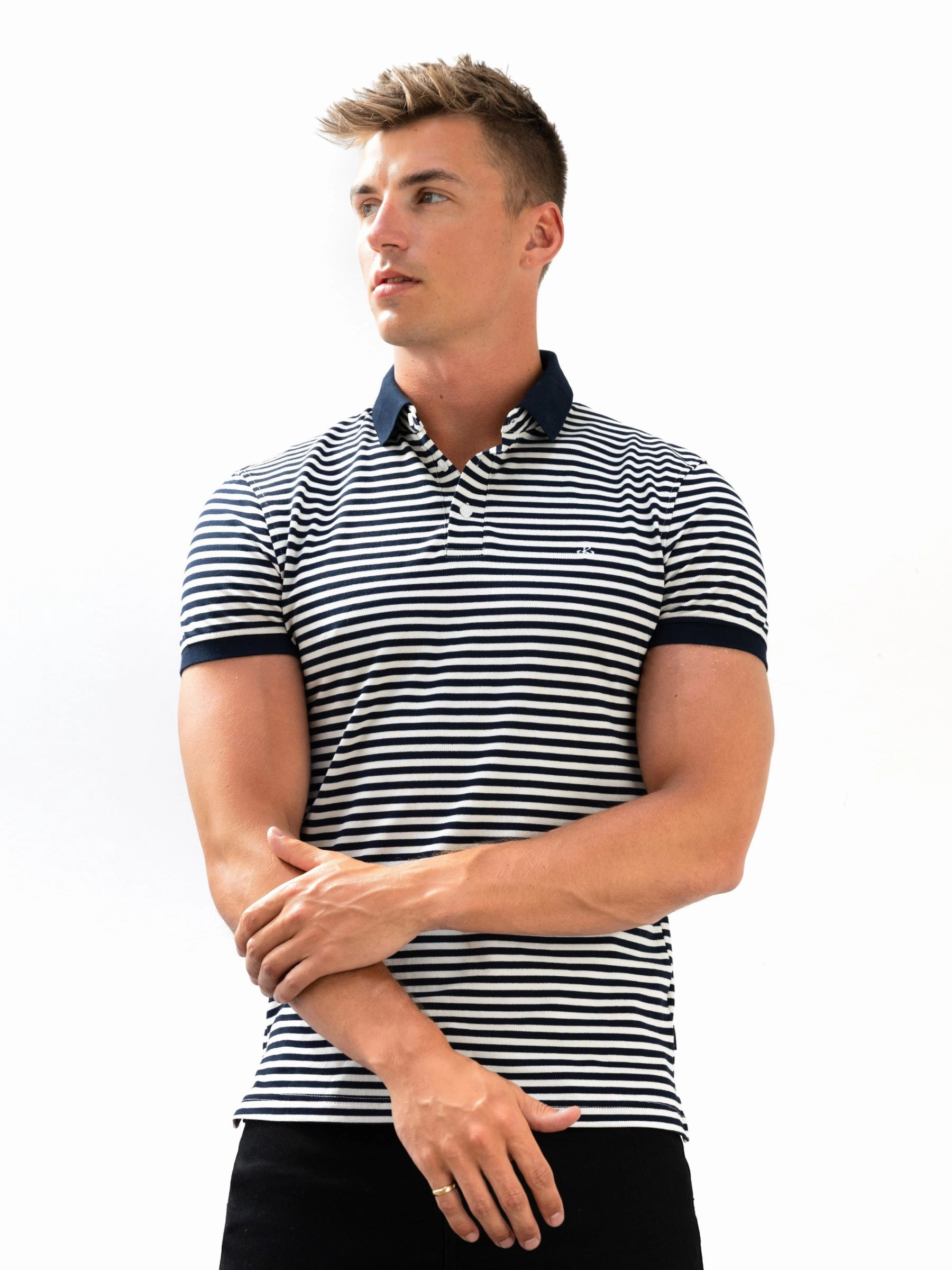 Matte Look Soft Feel Stripe Polo Shirt - Navy