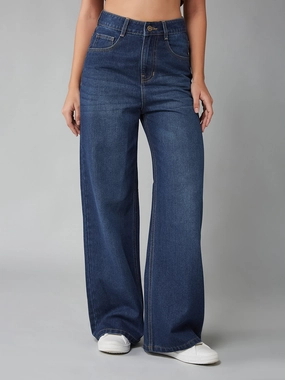 Women's Navy Blue Wide-Leg High-Rise Clean-Look Regular-Length Denim Jeans Neutral Style