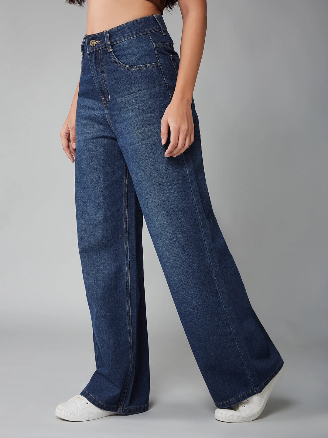 Popular Option Yearlong Fit Women's Navy Blue Wide-Leg High-Rise Clean-Look Regular-Length Denim Jeans