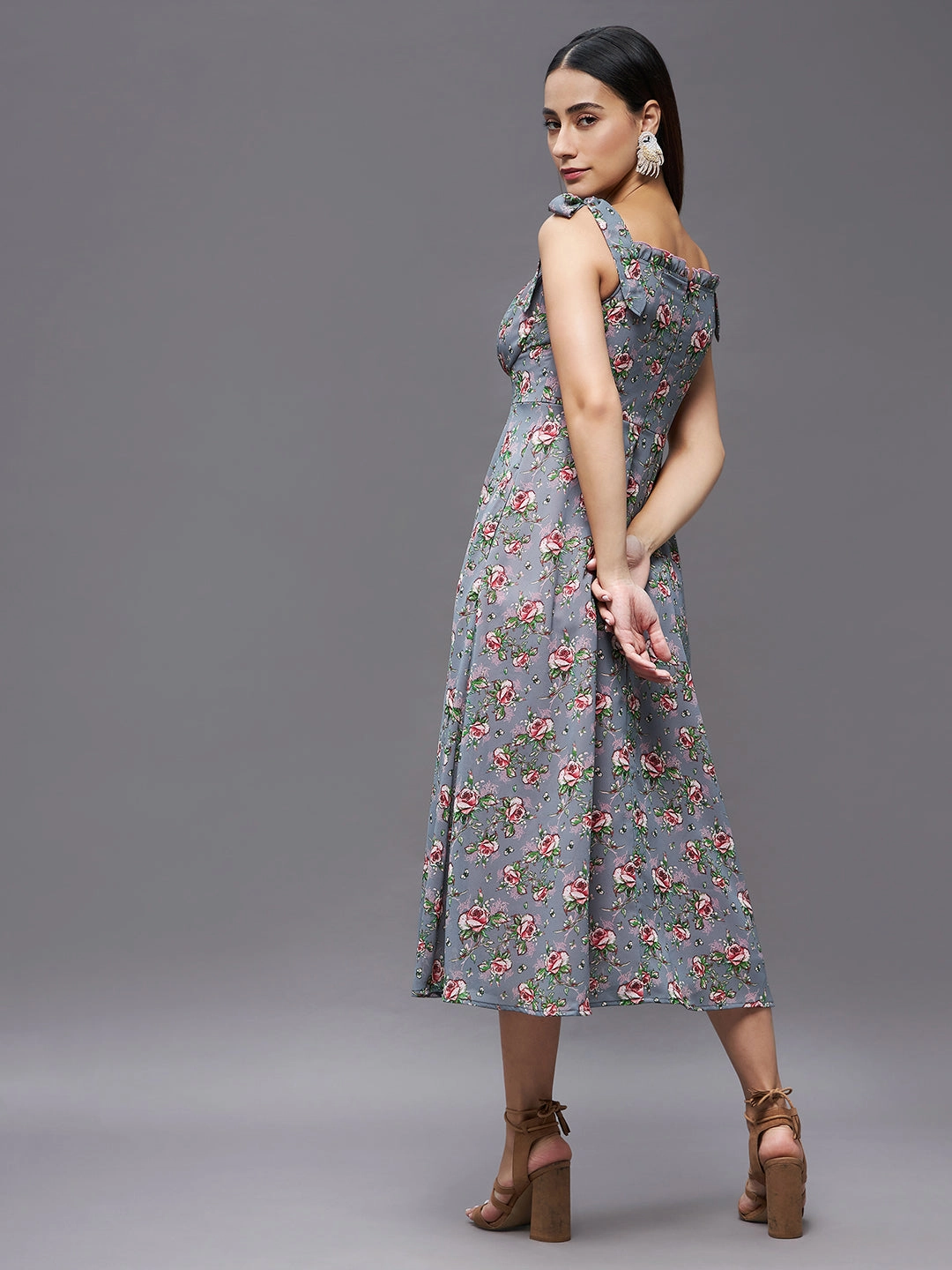 Easy Vibe Women's Multicolored Base-Grey Shoulder Tie-Up Sleeveless Floral Georgette Midi Dress