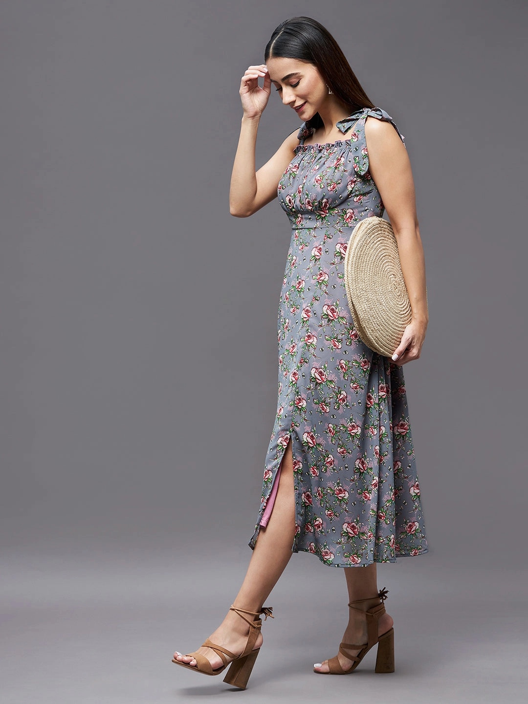 Walk Easy Women's Multicolored Base-Grey Shoulder Tie-Up Sleeveless Floral Georgette Midi Dress