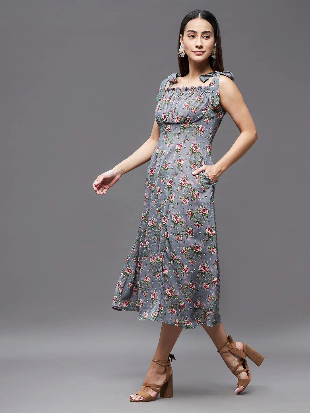 Women's Multicolored Base-Grey Shoulder Tie-Up Sleeveless Floral Georgette Midi Dress Timeless Comfort Grace Walk