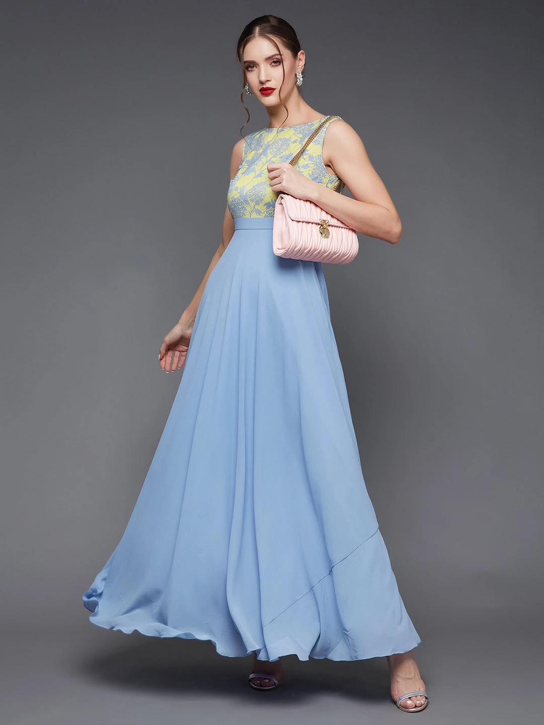 Women's Sky Blue Round Neck Sleeveless Georgette & Lace Floral Fit & Flare Maxi Dress One-Shoulder Fashion Forward