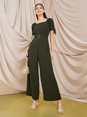 Women's Dark Green Square neck Puff sleeve Solid Wide Leg Regular Jumpsuit Fit Vibe Happy Scent